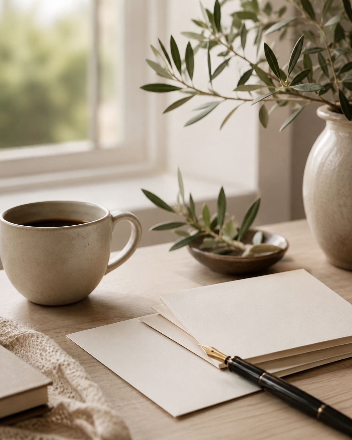 Notebook and coffee by a window